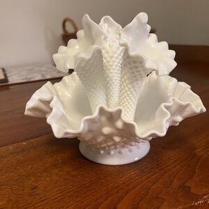 Vintage Fenton Hobnail Milk Glass Epergne.